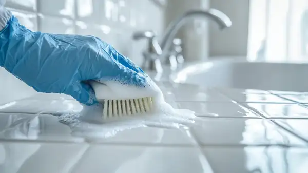 A gloved hand scrubbing white tile beside a sink with a soapy brush during a deep clean