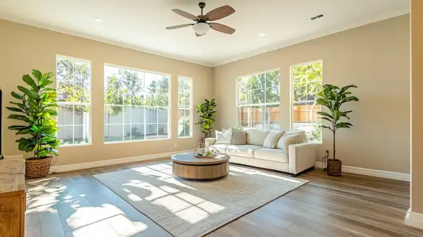 A bright, tidy living room with large windows, a ceiling fan, white sofa and an area rug on wood-look flooring