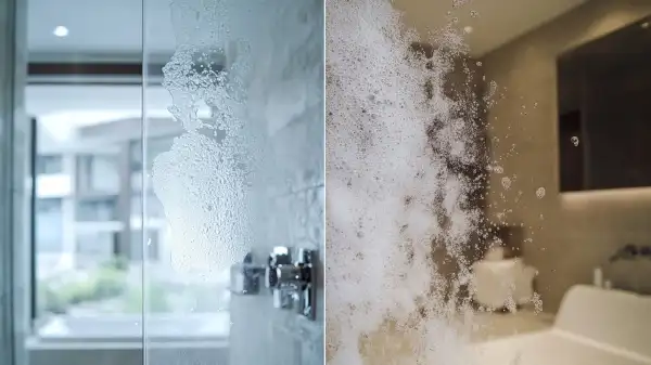 Close-up of a shower glass panel showing heavy mineral film and water spotting