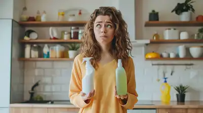 A person standing in a kitchen comparing two bottles of cleaning product