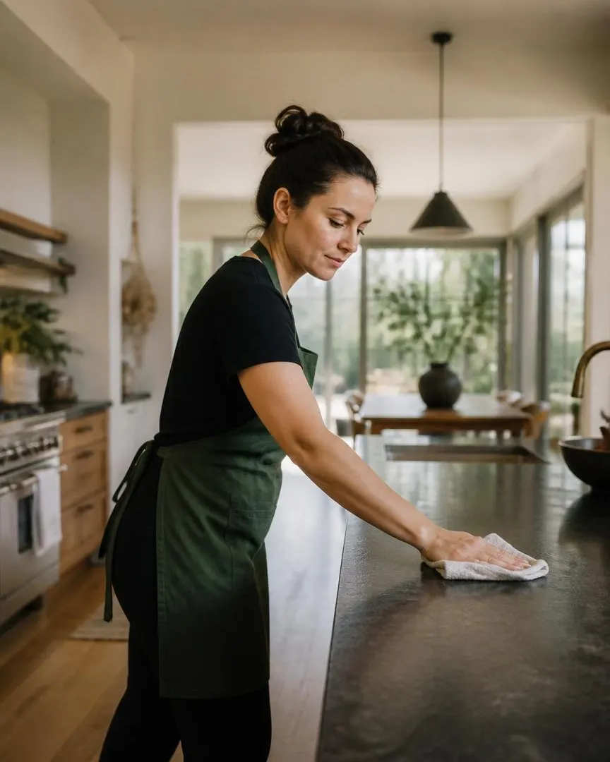 A cleaner wiping down a kitchen surface with a cloth and spray bottle