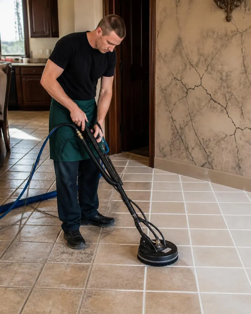 Close-up of tile and grout lines being cleaned with a brush during a restoration