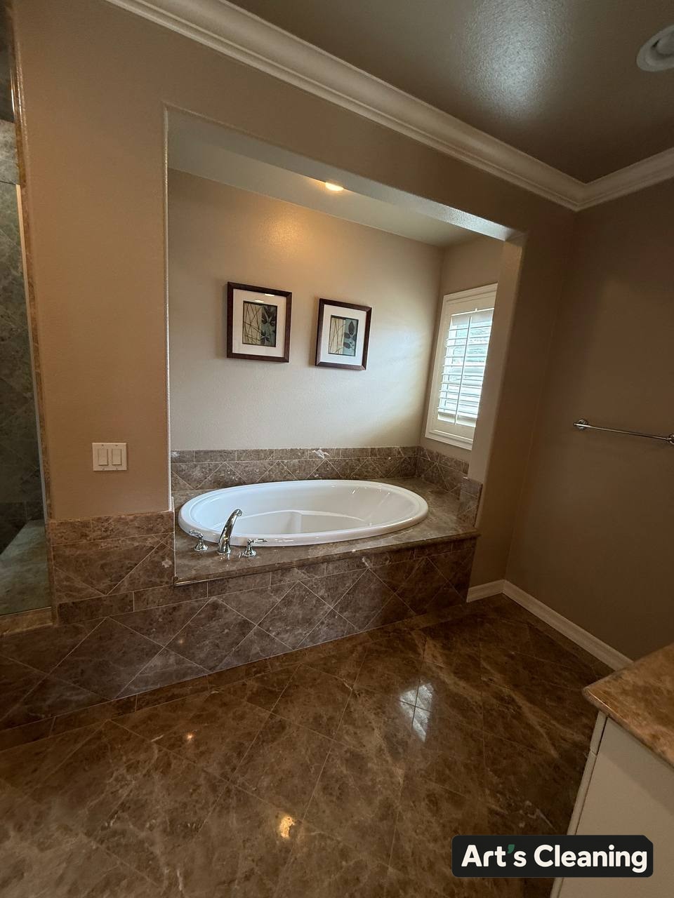 Clean soaking tub and surrounding bathroom surfaces