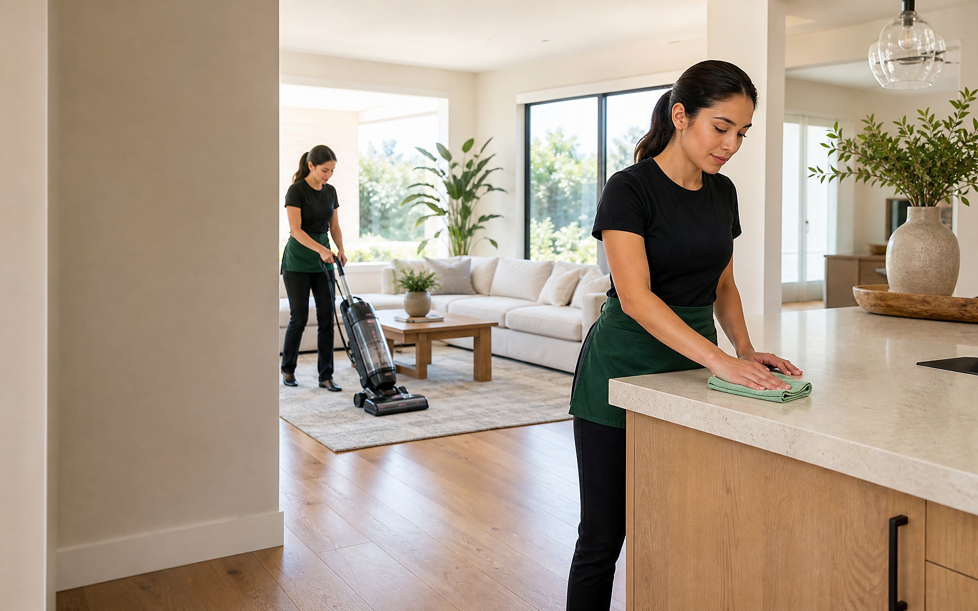 Two home-cleaning professionals vacuuming and wiping surfaces in a bright modern home