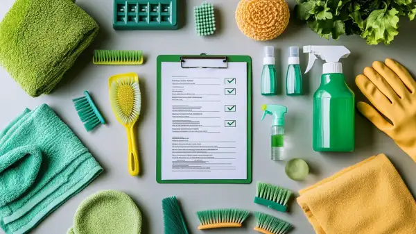 Flat lay of a cleaning checklist on a clipboard surrounded by brushes, microfiber cloths, spray bottles and gloves