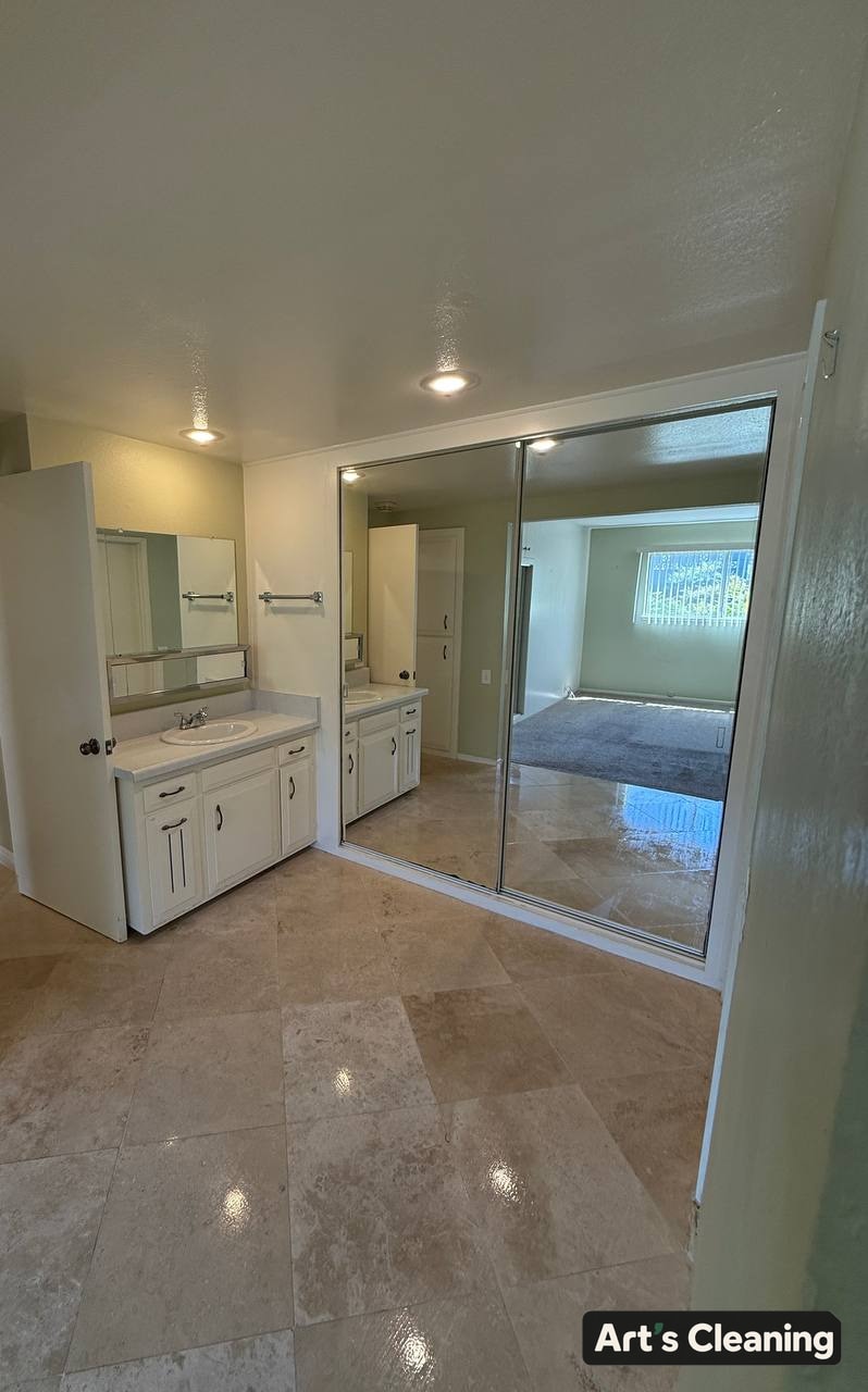 White bathroom vanity after cleaning
