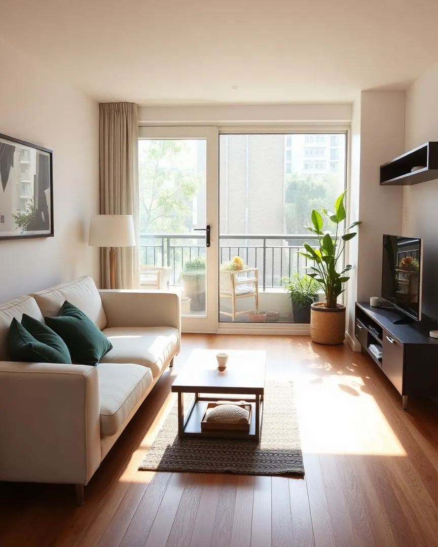 A tidy apartment living room with hardwood floors and a sliding glass door opening onto a small balcony