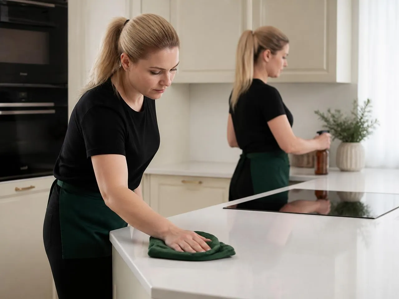 Two-person cleaning team working in a kitchen